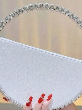 White Crystal-Handle Half-Moon Women's Bag